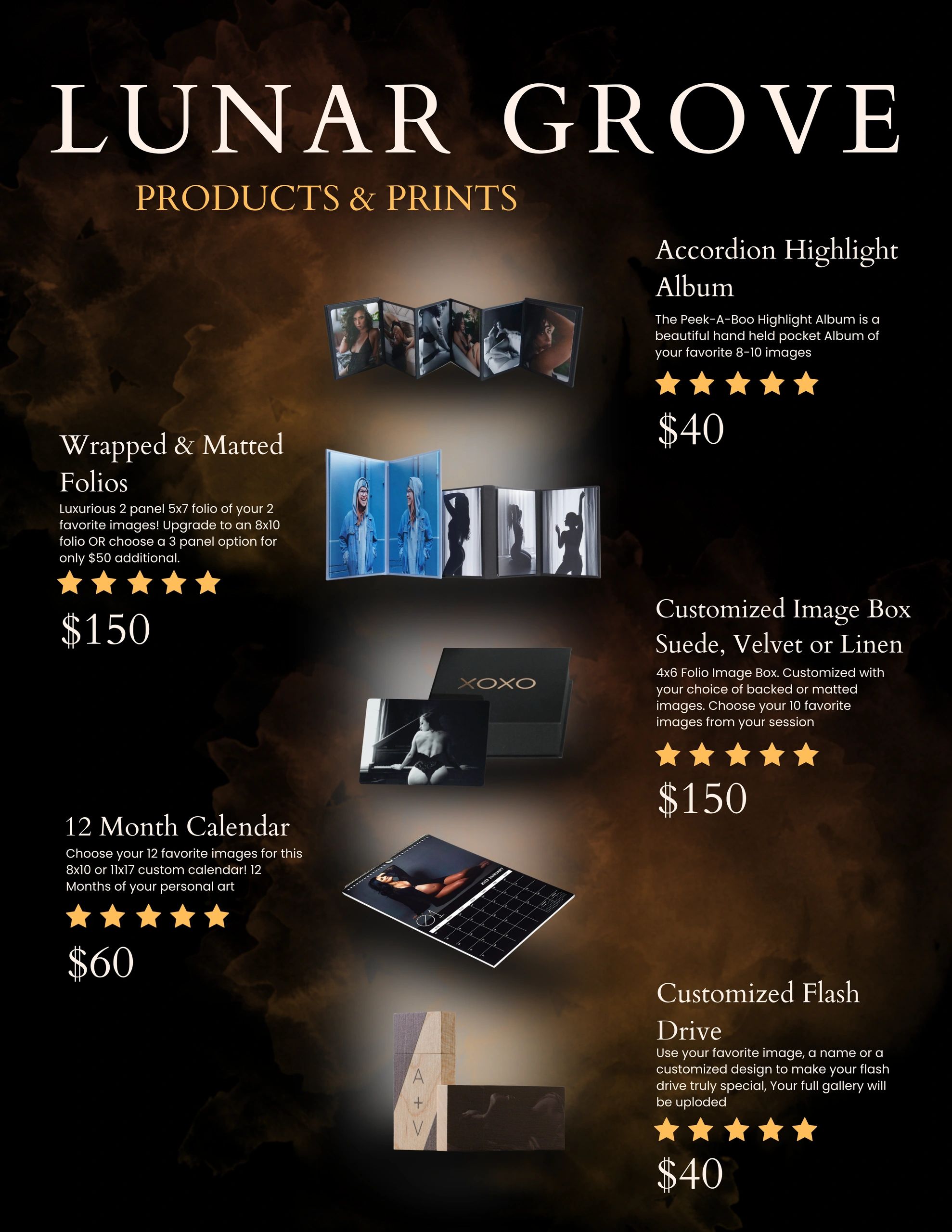 Lunar Grove offers elegant photo albums, folios, calendars, and customized image boxes with premium options.