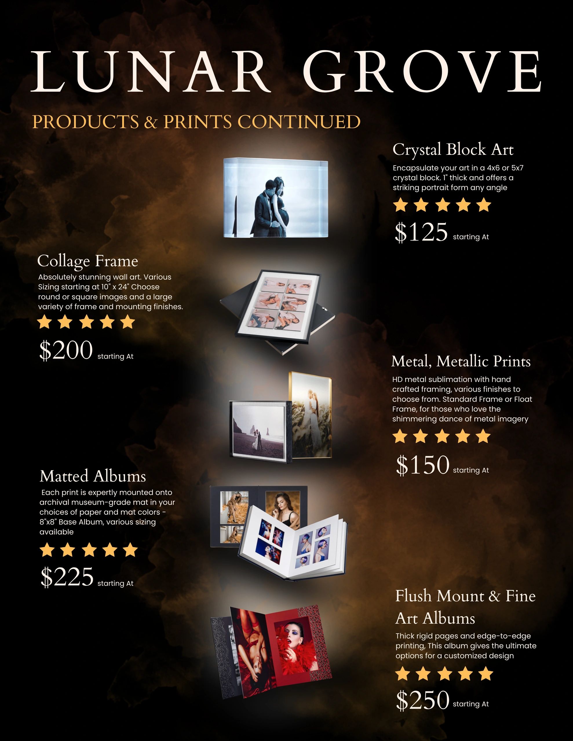 Lunar Grove product offerings with prices and descriptions for art prints and albums.