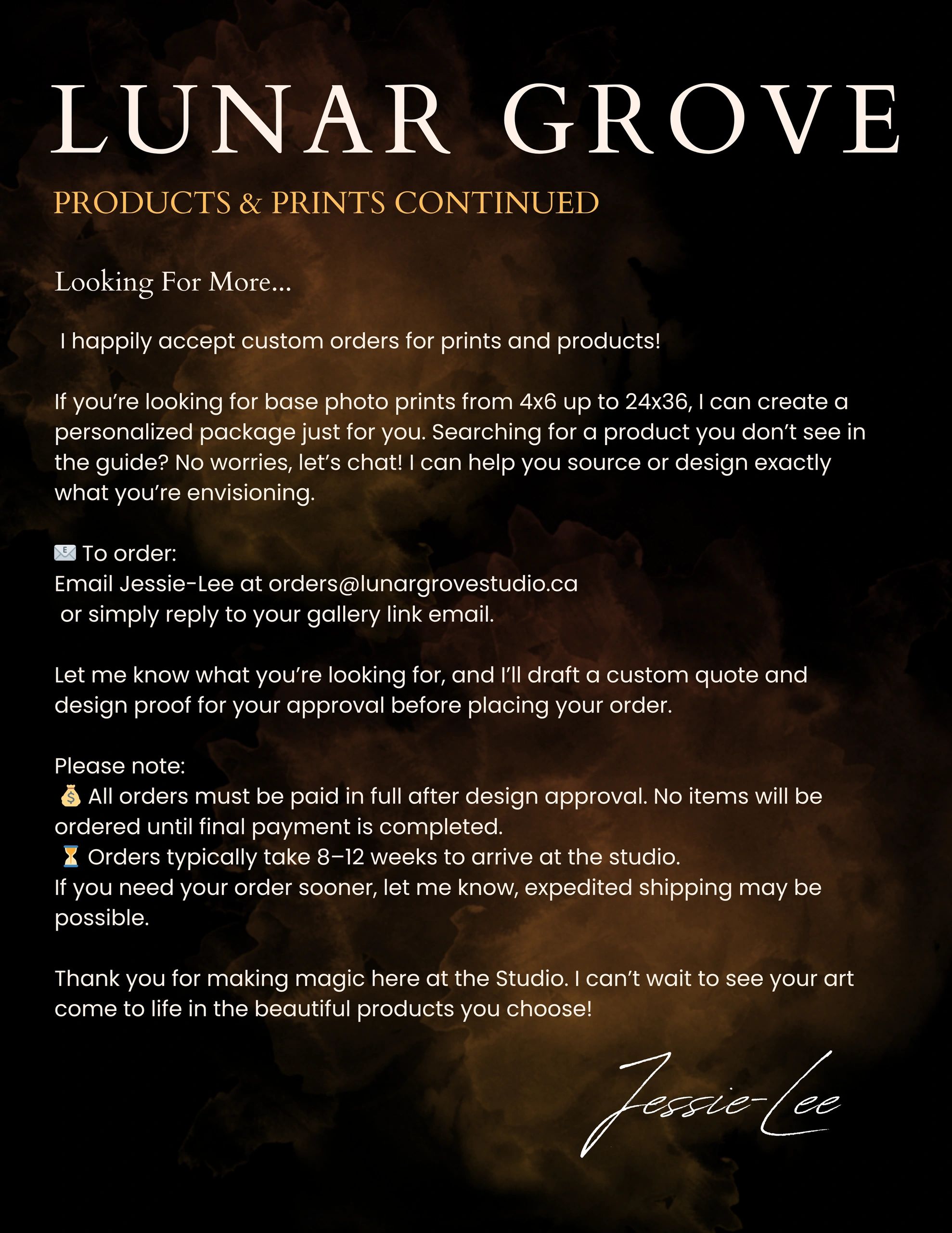 Lunar Grove offers custom photo print orders and personalized packages with a detailed ordering process.