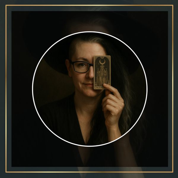 Woman holding a tarot card over one eye in a dark, mysterious setting.