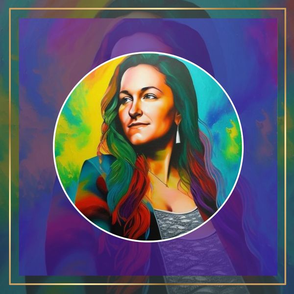 Colorful digital portrait of a confident woman with vibrant hair.