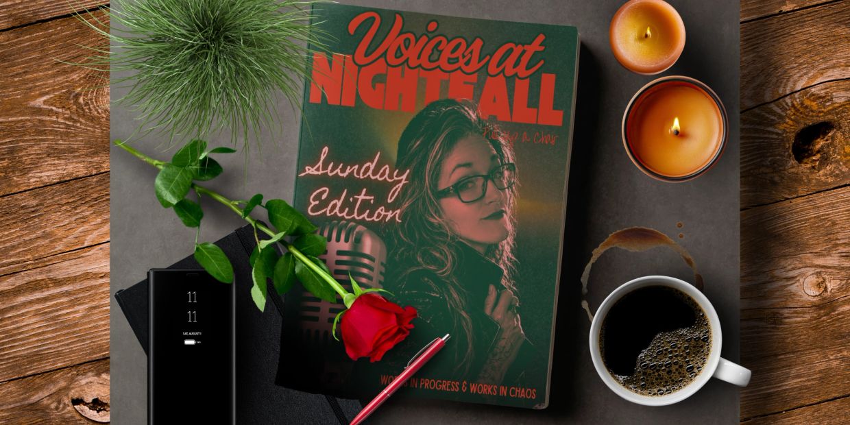 Book with a rose, coffee, candles, and phone on a wooden table.