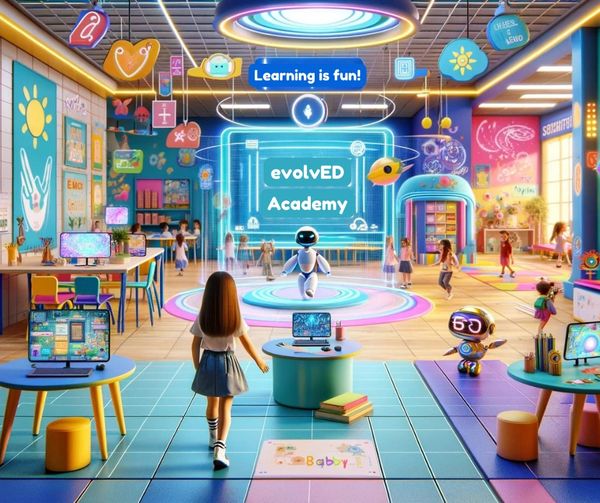 A futuristic classroom with robots and kids learning interactively.