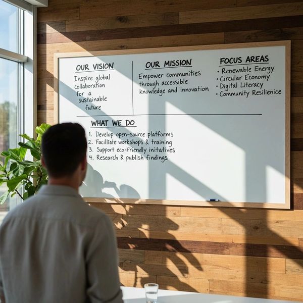 Person reading a whiteboard with vision, mission, and focus areas in an office.