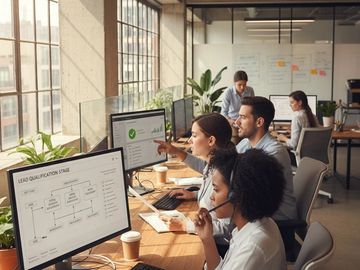 Team collaborating on lead qualification strategies at a modern office workspace.