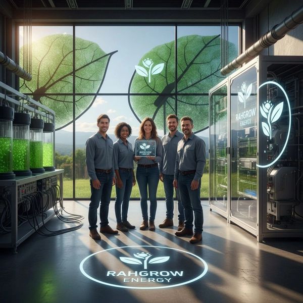 Team presenting sustainable energy solutions at Rahgrow Energy lab.