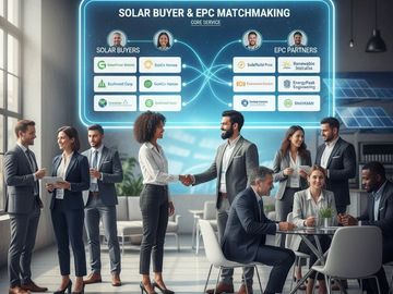 Business professionals networking in a modern office with a digital solar buyer and EPC matchmaking chart.