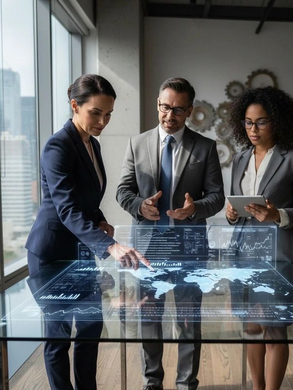 Three professionals analyze futuristic data projections on a transparent digital table in a modern office.