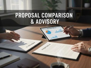 Two people reviewing proposal documents and charts for advisory comparison.