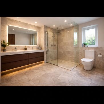 Low profile wet room shower room with fitted furniture.
