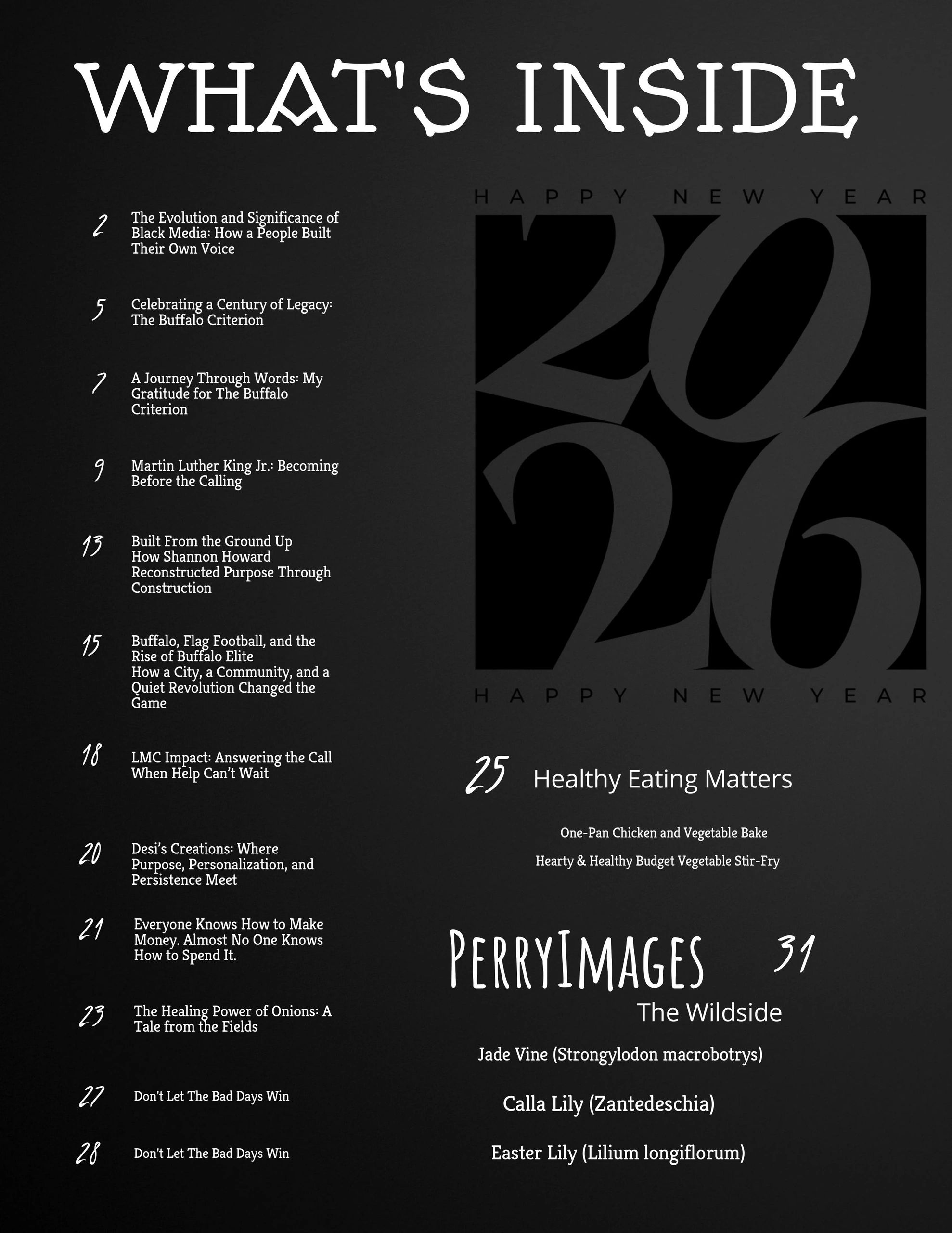 Table of contents for a 2026 publication with articles on Black media, Buffalo legacy, recipes, and plants.