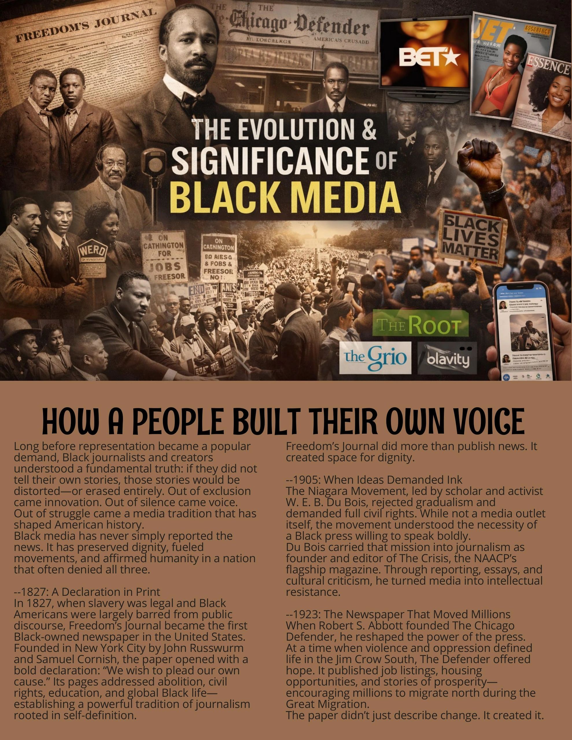 Collage illustrating the evolution and impact of Black media through historic and modern images.
