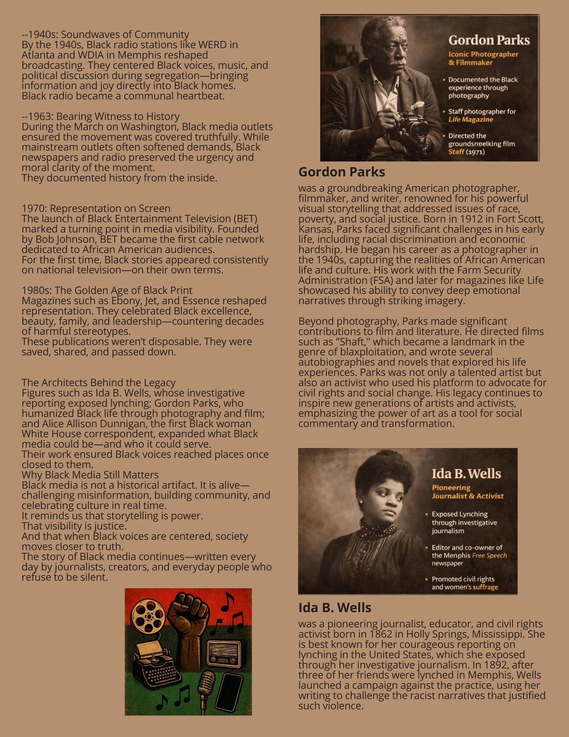 Historical overview of Black media and profiles of Gordon Parks and Ida B. Wells.