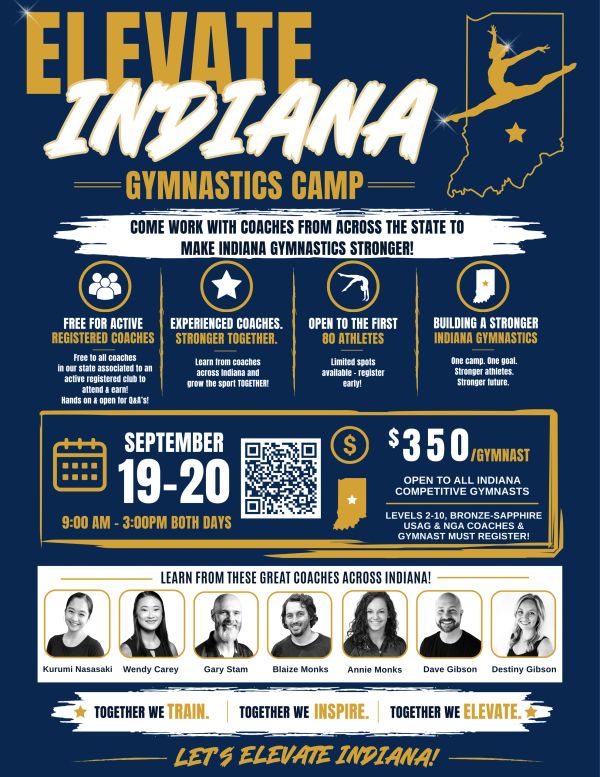 Gymnastics camp in Indiana for active registered coaches, Sept 19-20.