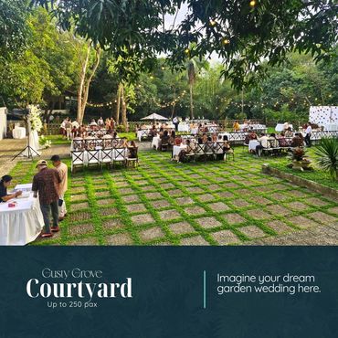 Outdoor garden wedding setup at Cusiy Grove Courtyard with seating for up to 250 guests.
