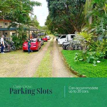 A parking area with cars lined up on both sides of a dirt road.