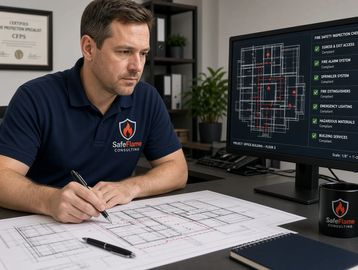 Fire safety consultant reviewing building plans.