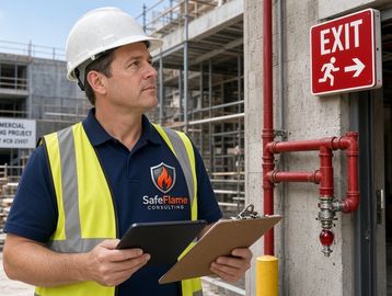 Worker inspecting fire safety at a construction site.