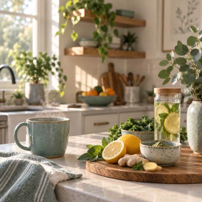 Fresh ingredients and cozy kitchen setup.
