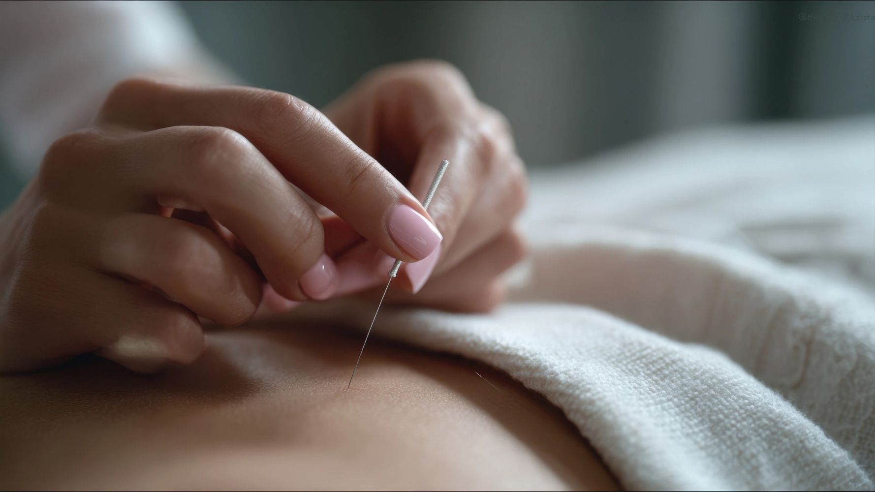 Close-up of acupuncture needle being gently inserted into skin.