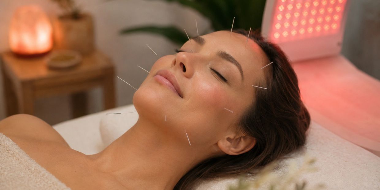 Woman undergoing facial acupuncture treatment with serene expression.