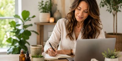 Woman writing in a notebook while using a laptop at a cozy desk.