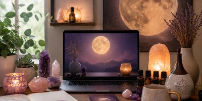 Virtual intuitive energy healing workspace with moon imagery, crystals, essential oils, oracle cards