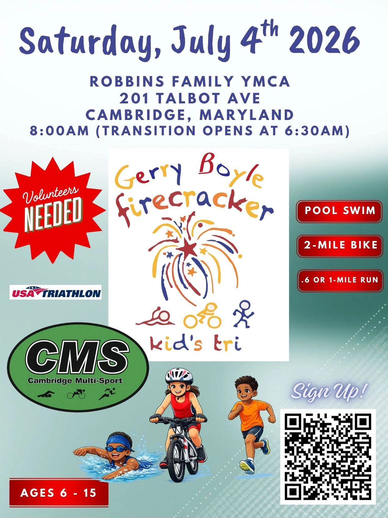 Gerry Boyle Firecracker kids' triathlon on July 4, 2026 in Cambridge, Maryland, for ages 6-15.