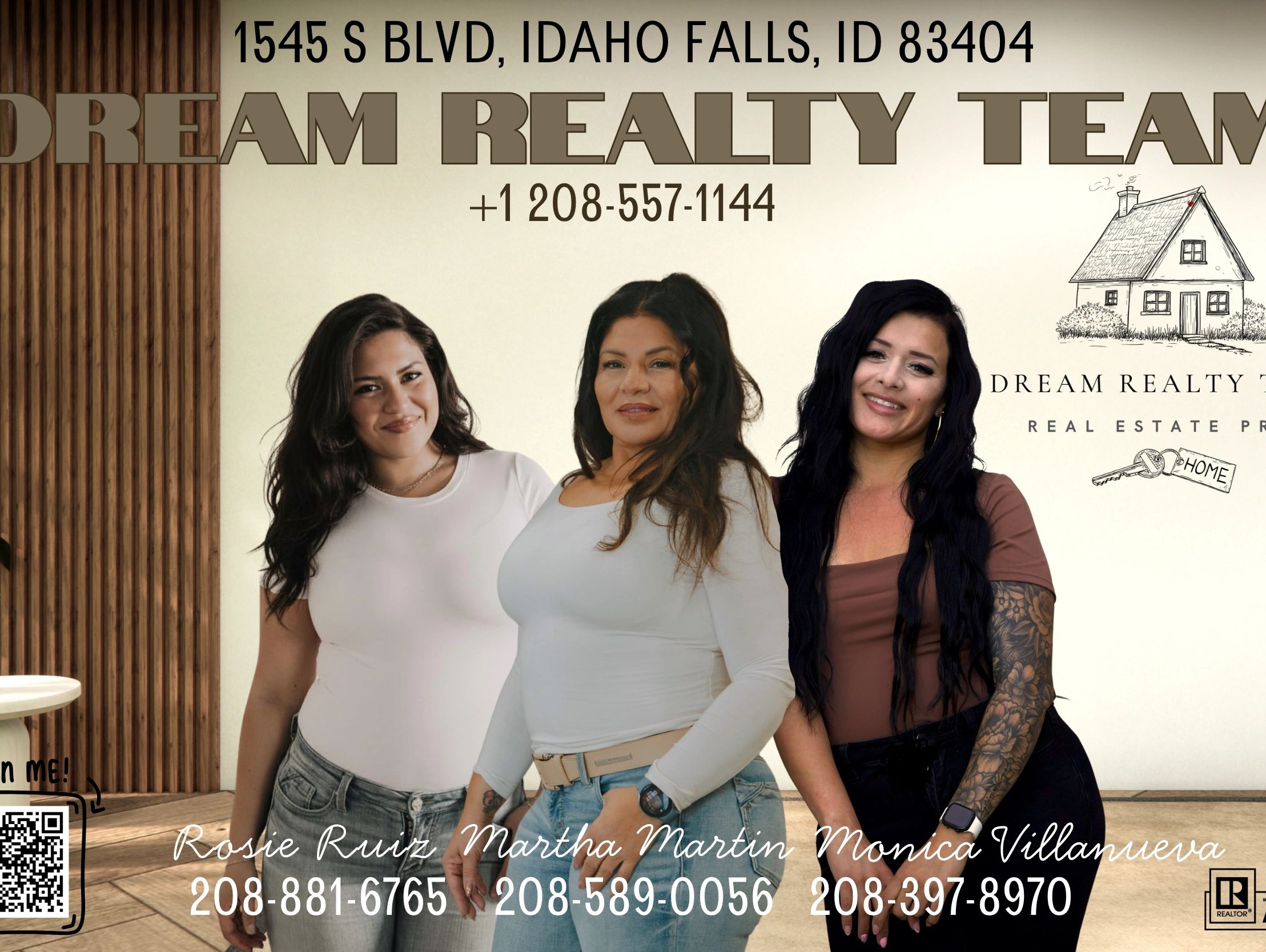 Three women real estate agents standing in front of Dream Realty Team banner.