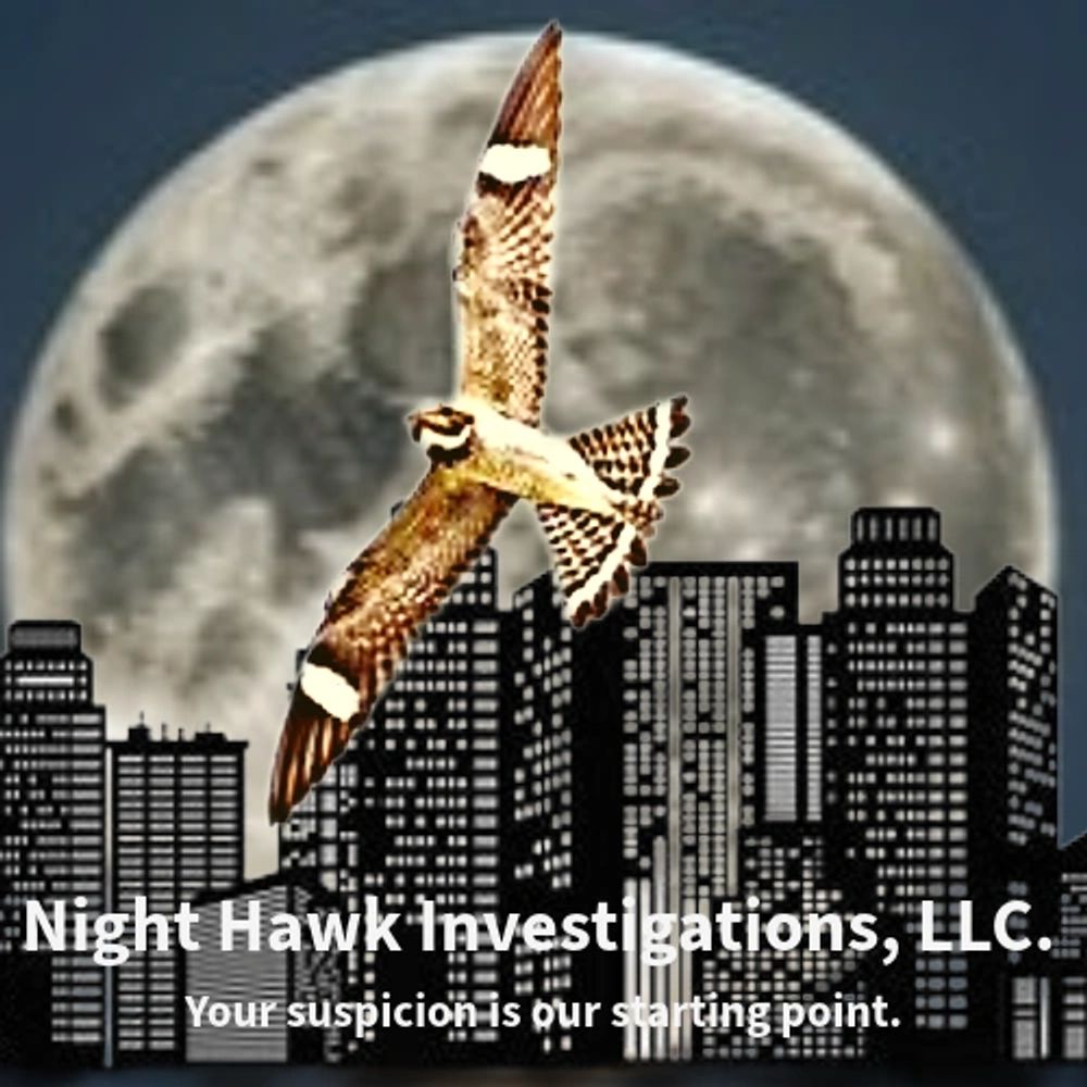 A hawk flying over a city skyline with a large moon in the background.