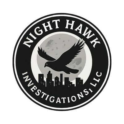 Night Hawk Investigations LLC logo featuring a black hawk flying over a city skyline with a full moo