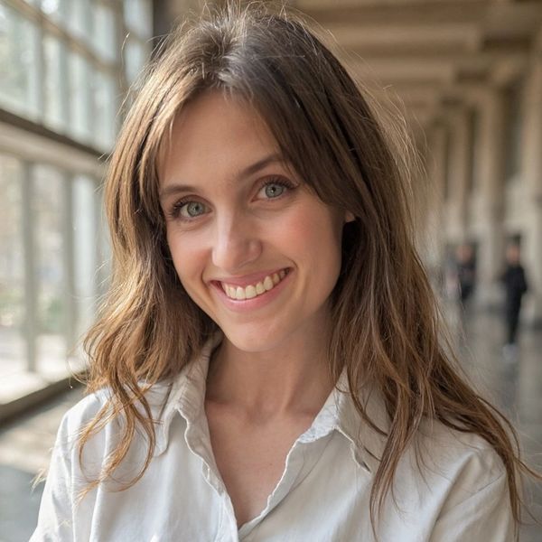 Young woman smiling warmly indoors with natural light.
