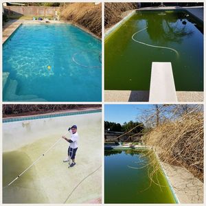 Four images showing a swimming pool transitioning from clean to dirty.