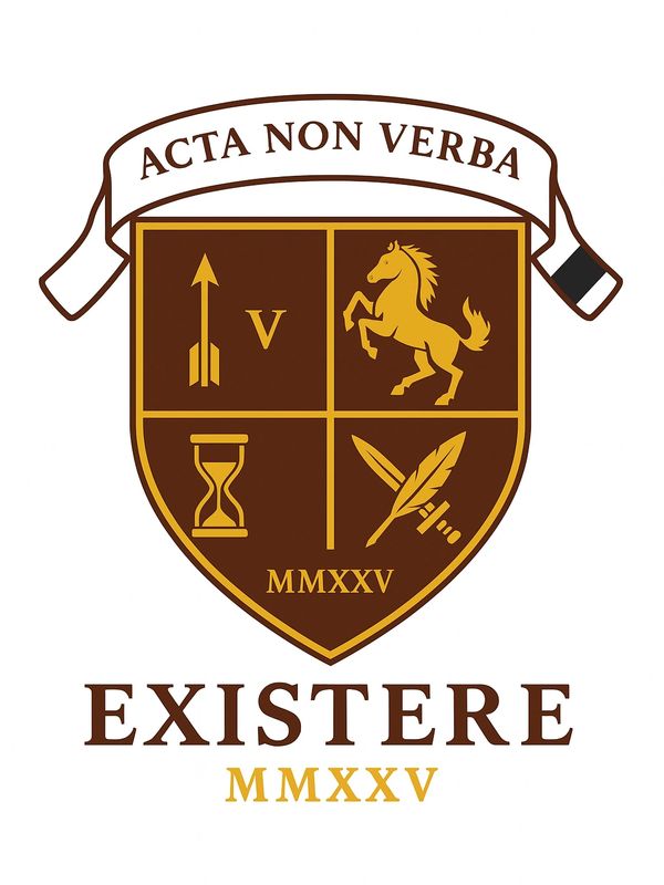 A brown and gold heraldic shield with Latin text and symbols.