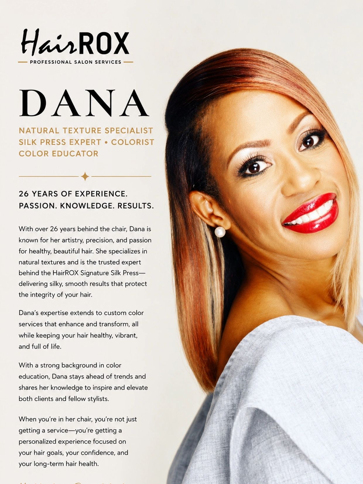 Dana, a natural texture specialist and colorist, with 26 years of experience at HairROX salon.