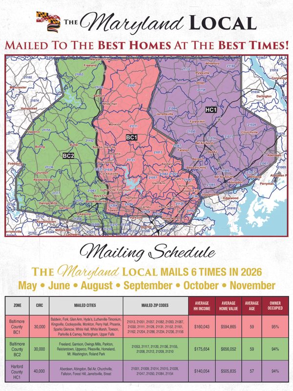 Map showing mailing zones BC1, BC2, and HC1 in Maryland Local's 2026 schedule.