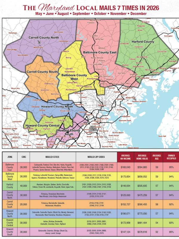 Map of Maryland showing local mail delivery zones in 2026.