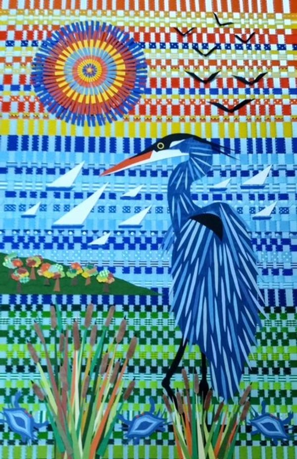 Wende's ribbon collage of a great blue heron