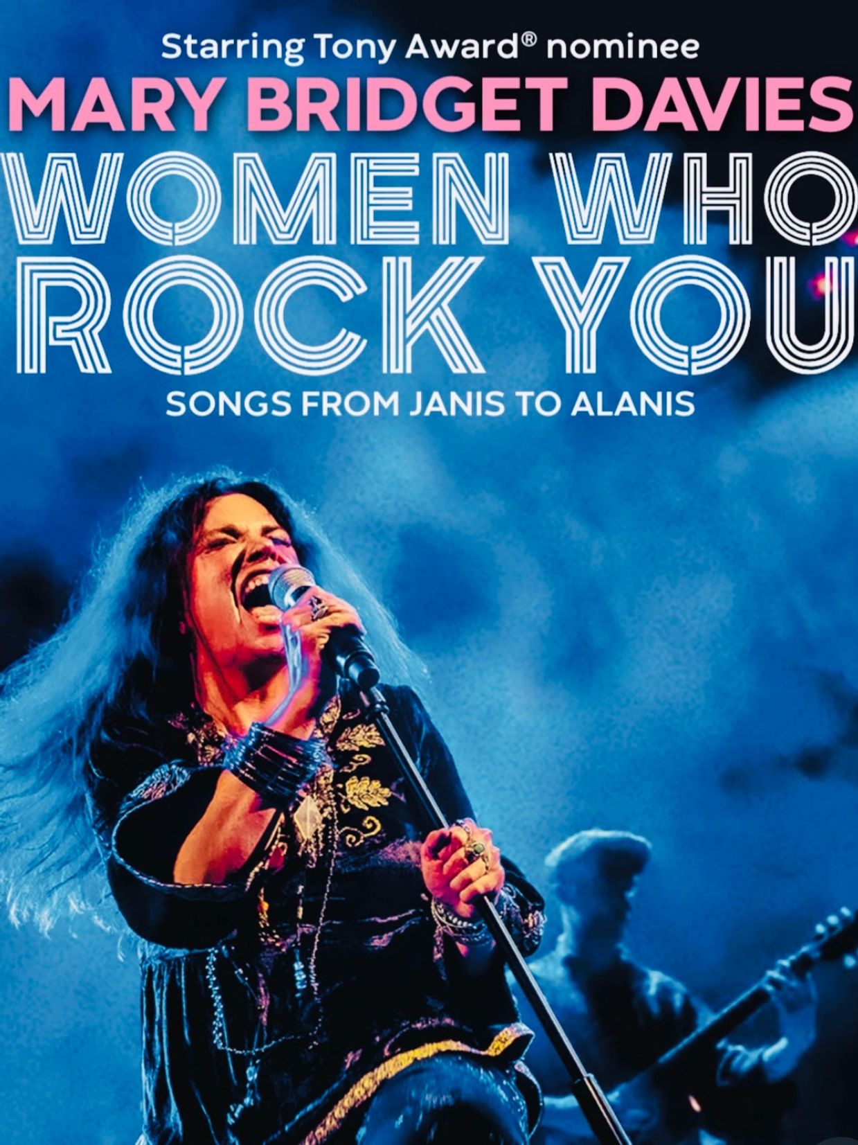 Mary Bridget Davies passionately singing in a blue-lit concert poster for Women Who Rock You.