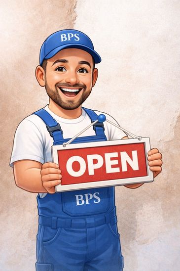 Smiling worker in blue uniform holding an OPEN sign.