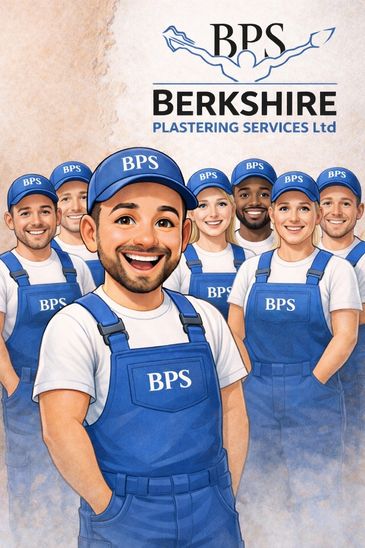 Cartoon team of plasterers in blue uniforms representing Berkshire Plastering Services.