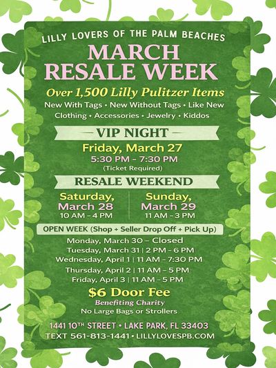 LLPB March Resale Week: VIP 3/27, sale 3/28–29, open week 3/31–4/3. $6 door fee.