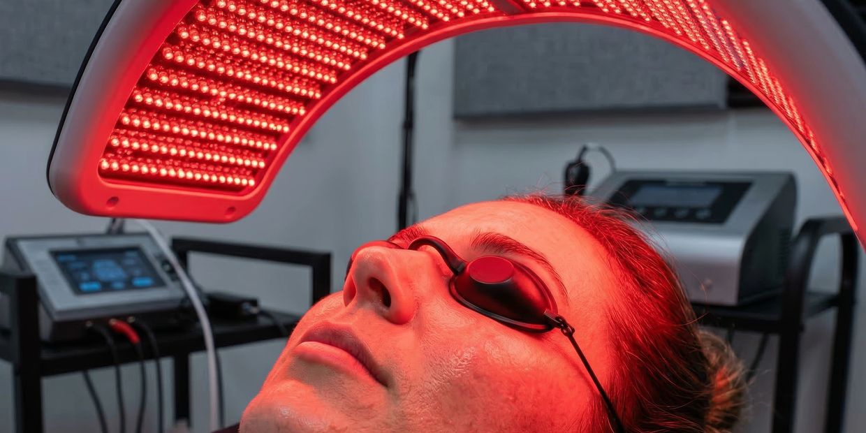 Woman undergoing red light therapy wearing protective goggles.