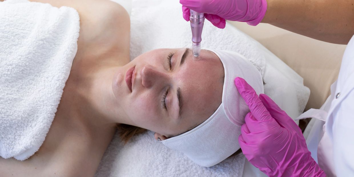 Woman receiving a facial treatment with a handheld device in a spa.