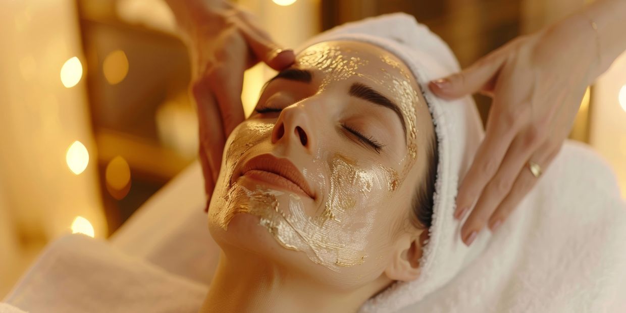 Woman receiving a luxurious gold facial treatment at a spa.