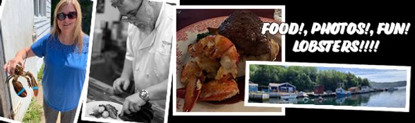Collage showing lobster, steak, chef, woman holding lobster, and scenic waterfront with text about food and fun.