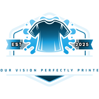 Blue-themed logo with a t-shirt and the text EST 2025, Perfect Impressions LLC.