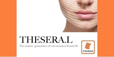 Thirty + lady advertising Thersera.L.  Melting strings and TDN cell lifting, face and neck lift.