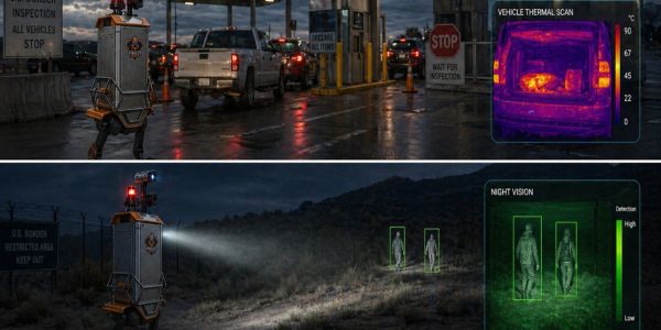 Robotic security performs vehicle thermal scans and night vision patrols at a border checkpoint.