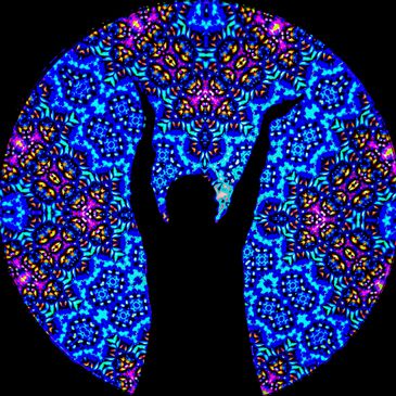 Silhouette with raised arms against a vibrant kaleidoscopic background.